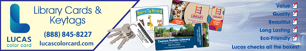 Ad for Lucas Color Card. Library Cards & Keytags. (888)845-8227. lucascolorcard.com